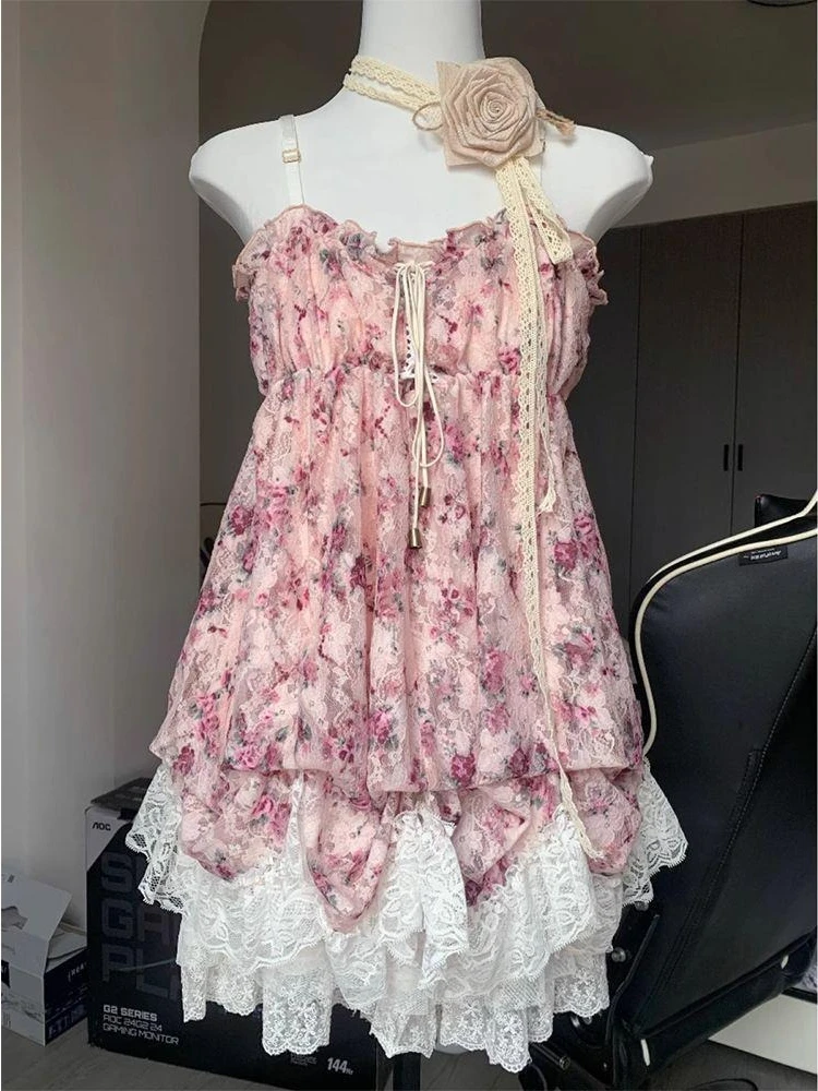 French Sweet Floral Lace Mini Dress Women Beach Style Evening Party Clothing Su… - Image 2