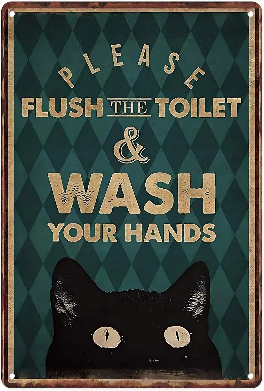 Metal Tin Sign Vintage Funny Black Cat Please Flush Toilet Wash Your Hands for Bathroom, Toilet Wall Decor 12x8 Inches