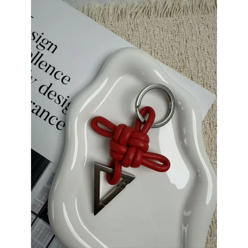New lambskin woven Chinese knot car keychain men's and women's genuine leather bag pendant pendant high-end gift view 6