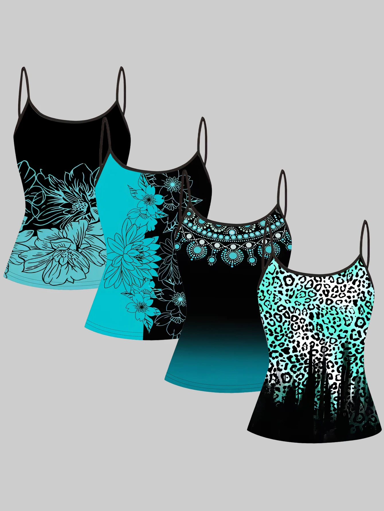 4-Pack Women's Printed Camisole Tops in Turquoise Floral Leopard Print with Jewelry Pattern, Slim Fit Inner Wear Tops