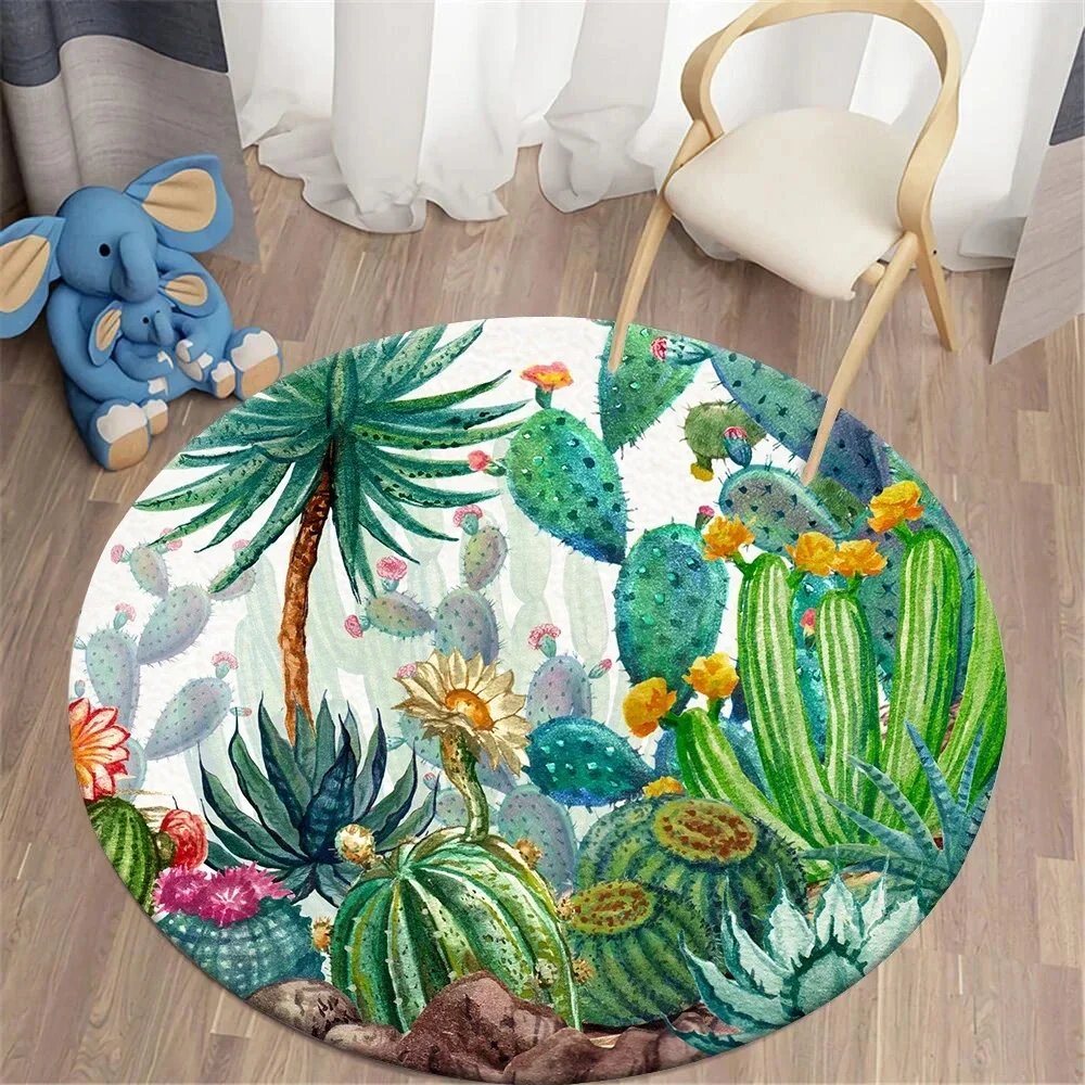 Watercolor Desert Cactus Floral Round Carpet Tropical Plants Round Rugs Floor Mat Living Room Bedroom Dorm Home Decor Chair Mat