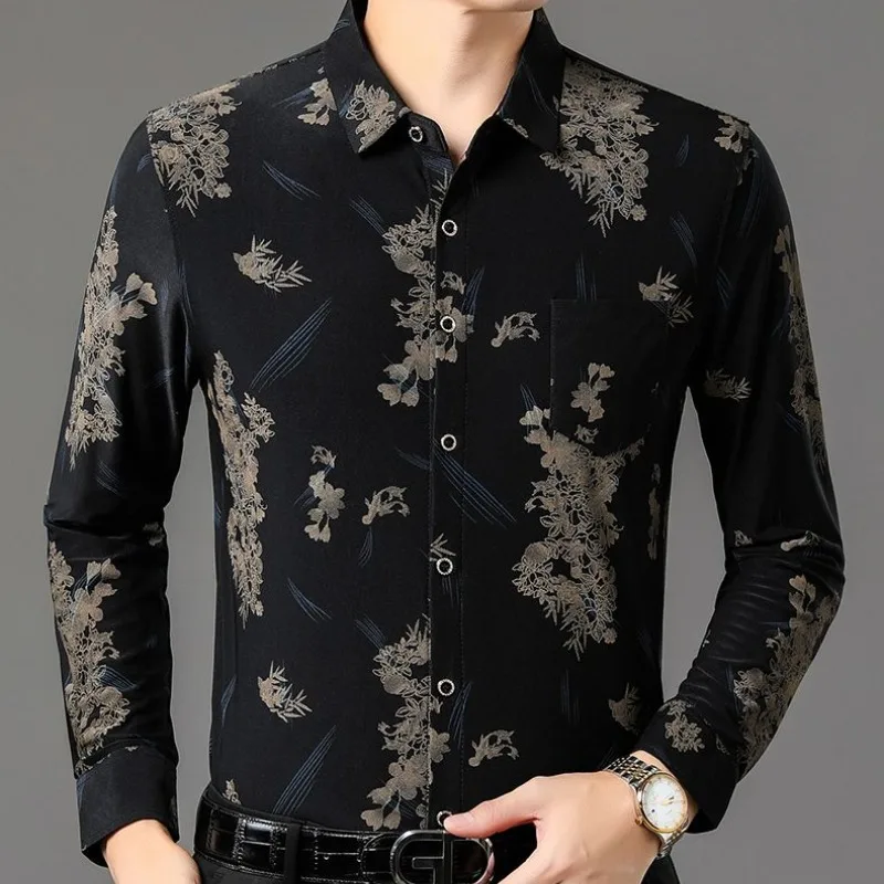 Autumn Winter Men's Turn-down Collar Solid Plant&Flowers Cartoon Printed Long Sleeve Button T-shirt Shirt Fashion Casual Tops