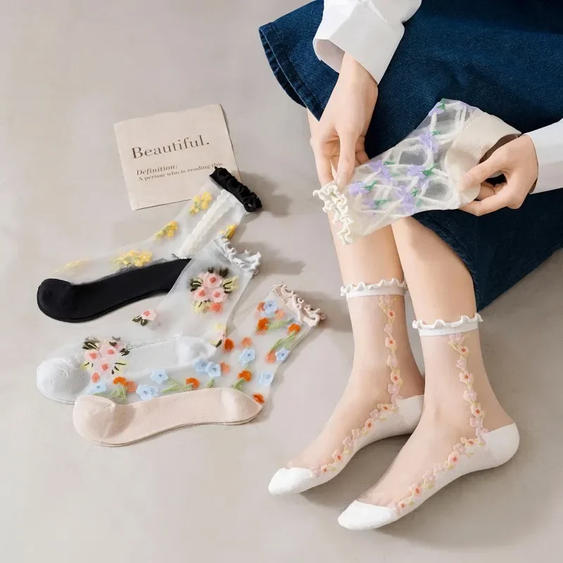 Lolita Kawaii Ruffle Socks Women Ultra-thin Transparent Summer Crystal Silk Socks Floral Embroidery Girls Cute Nylon Long Socks