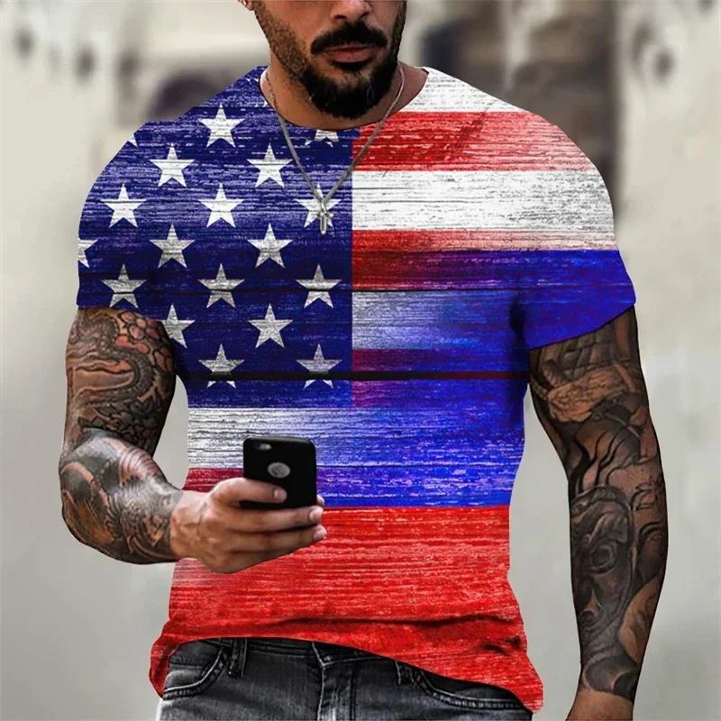 Summer American Oversized Y2k Tops Streetwear 3D Print T-shirt for Men Fashion Casual Harajuku USA Flag T Shirts Male Clothing