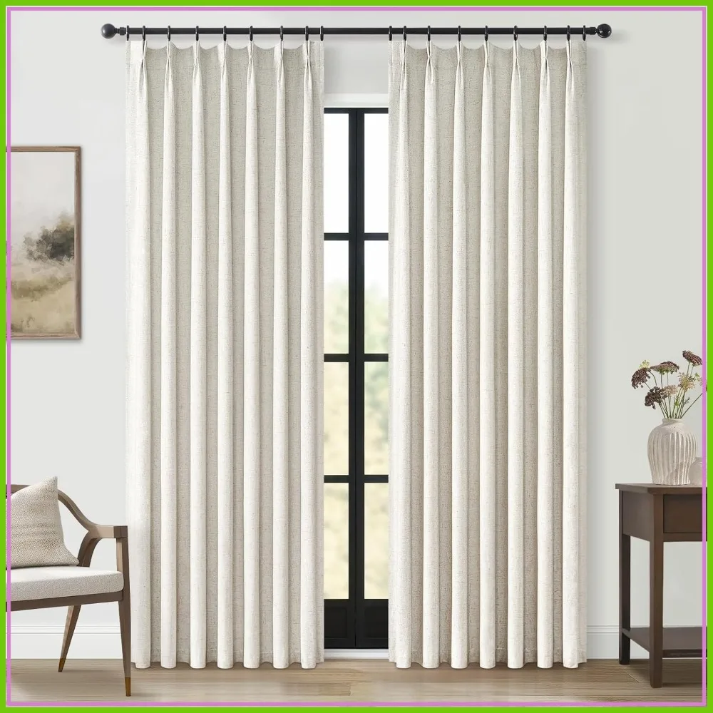 

90 Inch Blackout Linen Curtains for Bedroom, Pinch Pleated Sound Block Drapes, 2 Panels Set for Living Room Sliding Door