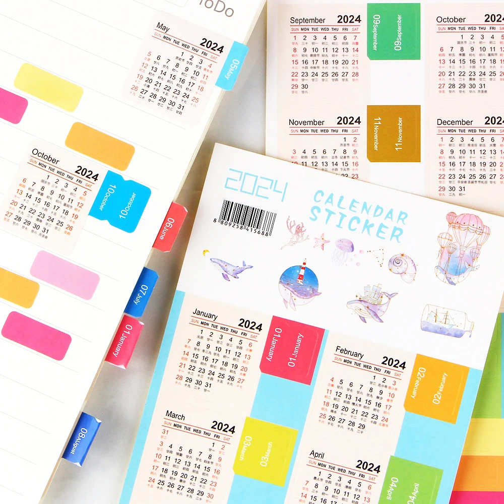 2 Sheets 2024 Year Monthly Calendar Index Page Stickers Bookmark Notebook Agenda Notes Planner Post Label