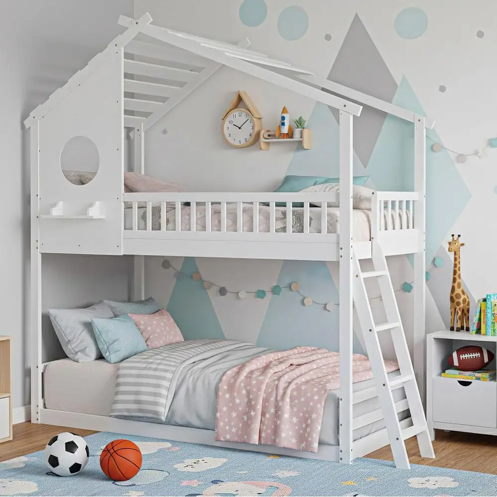 

Twin Over Twin House Bunk Bed, Loft with Ladder, Safety Rail, Wooden Slats & Window, Kids Twin Bed Frame for Teens Juniors, Deco