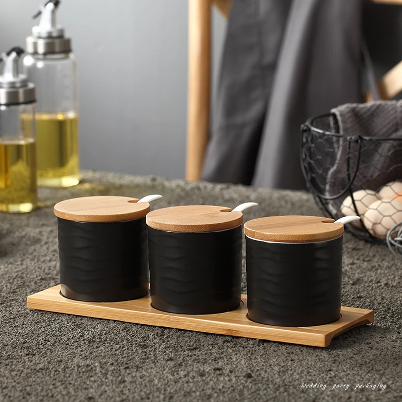 Ceramic Condiment Storage Jar Kitchen Seasoning Tank Household Seasoning Pot Bamboo Tray Spice Jar Soy Sauce Box Salt Sugar Can