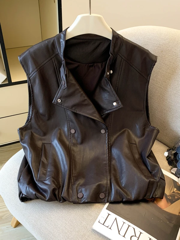 Fashionable Biker Style Short PU Leather Vest Women's Spring Autumn Versatile Layering Double Row Button Shoulder Jacket