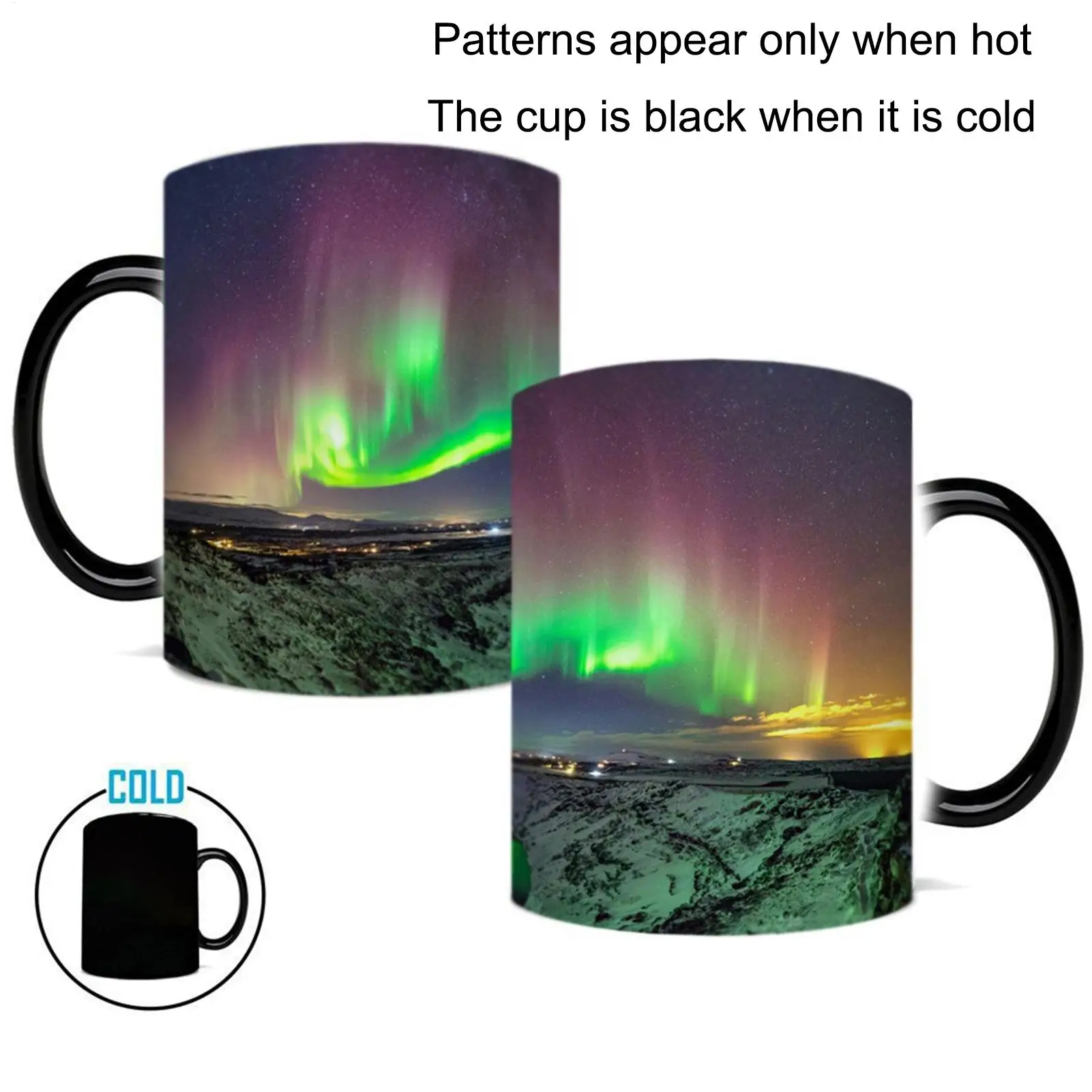 Tasse en céramique thermosensible à motif Aurores Boréales, révélant son motif à la chaleur, tasse magique sensible à la chaleur pour boissons chaudes