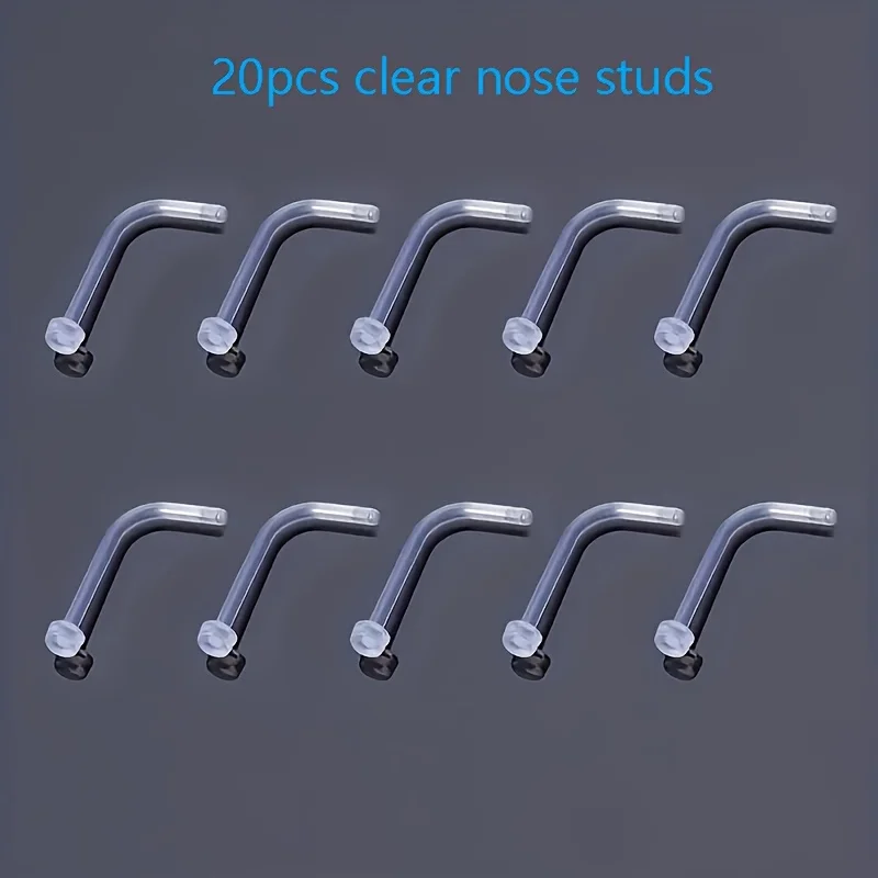 20pcs 18G Clear Nose Studs - L-Shaped, Plastic, Flat-Head Design for Women, Ideal for Daily Wear,  Nose Piercing Studs
