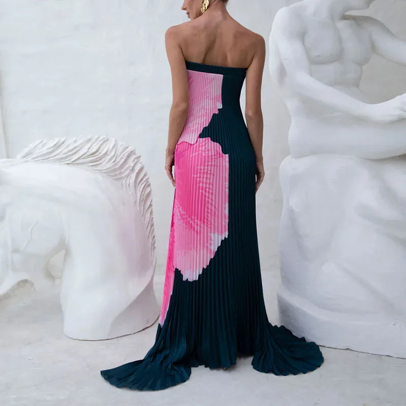 Summer Sexy Strapless Slim Banquet Evening Dresses Woman Elegant Flower Print Party Dress Spring Backless Hollow Boho Long Dress