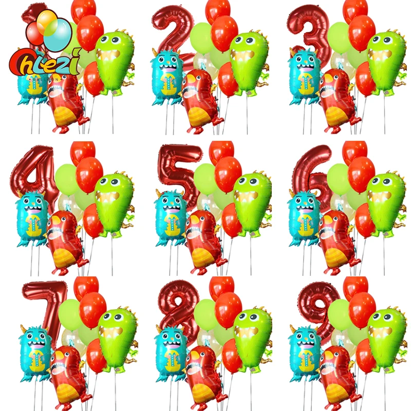 10Pcs Cartoon Monster Foil Balloon 32Inch Number Ballons Red Green Blue Alien Happy Birthday Party Decoration Baby Shower Globo