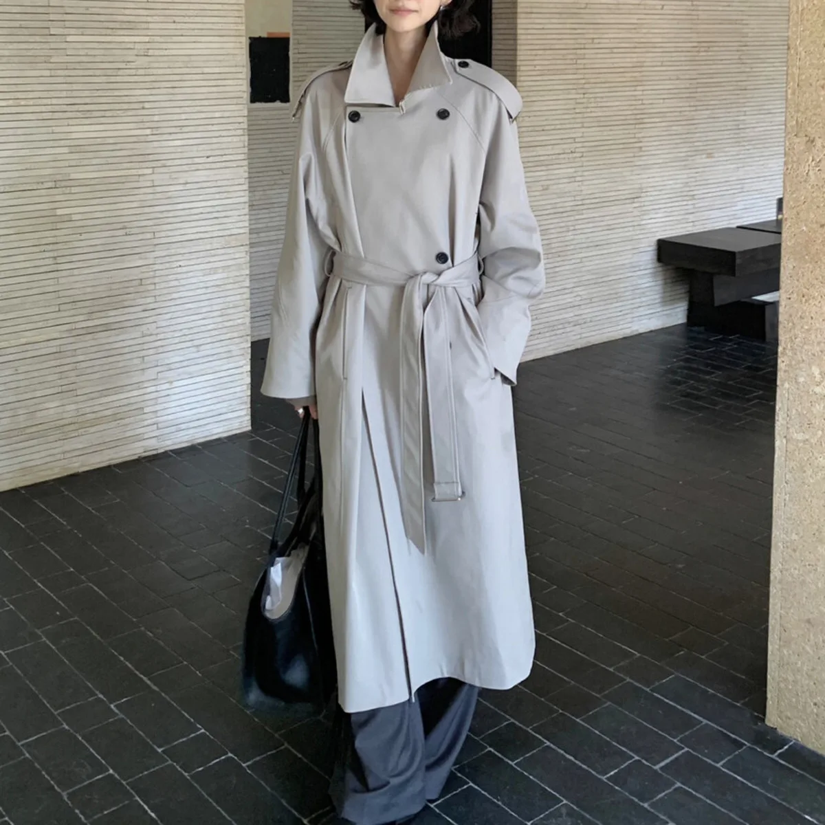 معطف KWTX نسائي طويل بحزام مزدوج الصدر وطية صدر السترة بلون سادة مصمم أنيق عتيق وصل حديثًا لخريف وشتاء 2025 #6
