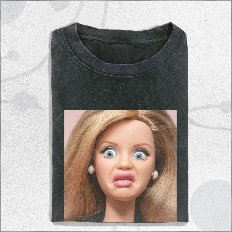 Vintage Washed Shock Doll Shirt, Surreal Doll Face Tee, Ironic Statement Shirt, Meme Shirt For Women Washed T-shirt