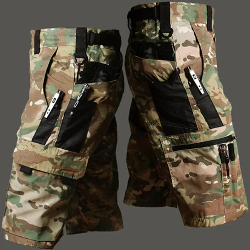 Mens Cargo Shorts Summer Tactical Cropped Trousers Outdoor Waterproof Multi-pocket Bermudas Pants Camo Ripstop Hiking