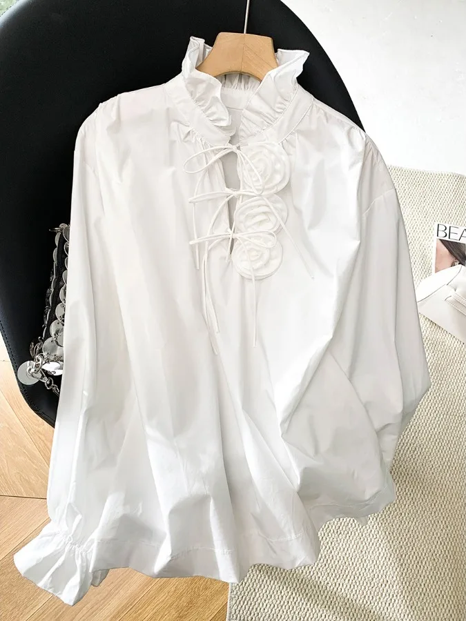 

Loose Women's Shirt Guangzhou Thirteen Rows Knot Stand Collar Embellished with 3D Flowers Spring Fashionable Top