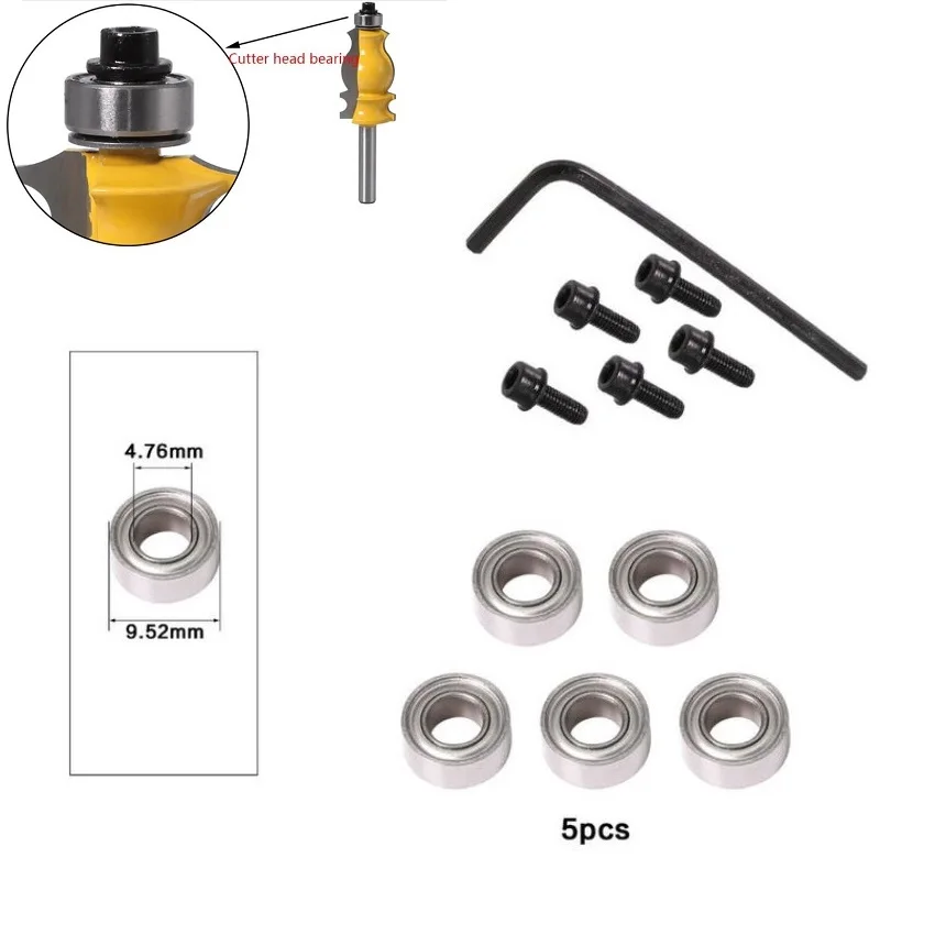 

Steel Router Bit Bearing Kit Inner 4.76 Outer 9.52mm For Milling Head Holder Set Screws Hexagon Wrenches Power Tool Parts