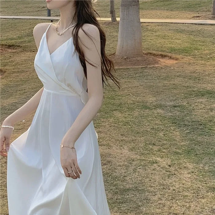 

Summer white V-neck temperament model halter dress women's mid-length vacation long dresses