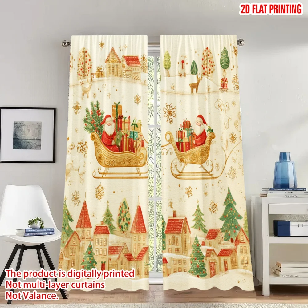 

2pcs 2D flat printing Happy Christmas Scene Curtains Christmas Village Santa Sleigh Gift Digital Printed Polyester Drapes Party