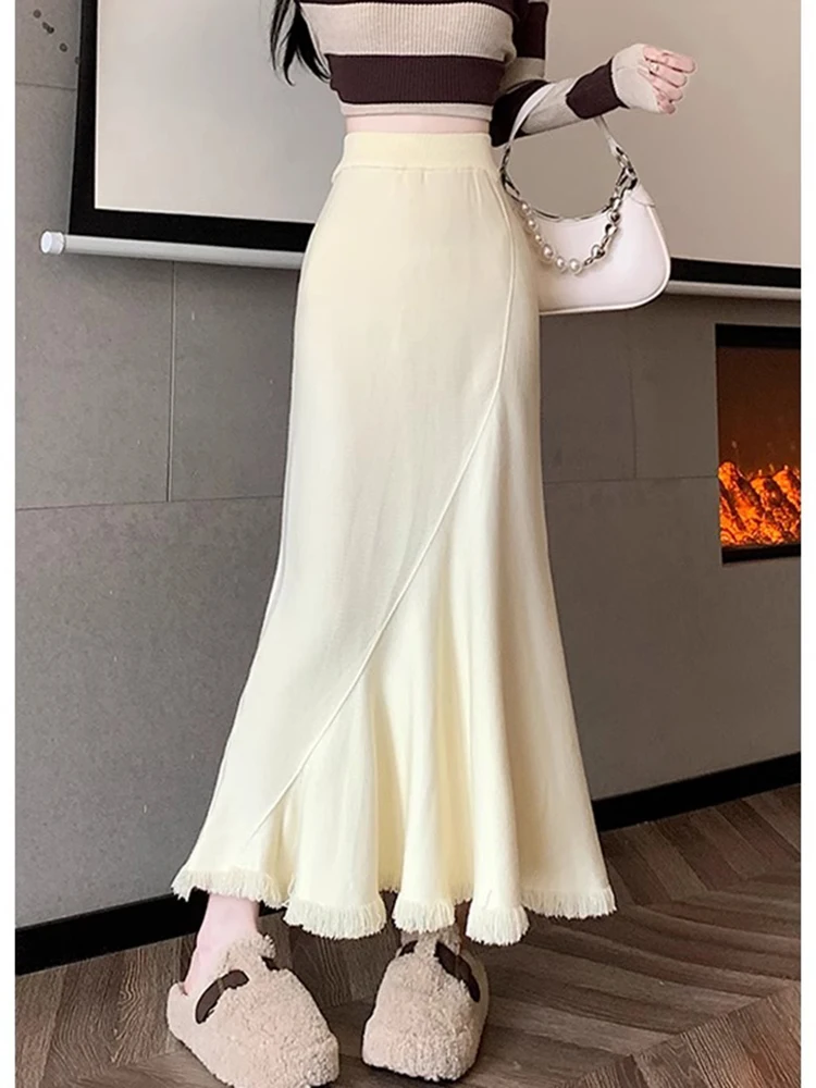 

Knitted Fi Tail f Skirt Women's Autumn Winter Sweater Wrap a Line Long Skirt High Waist Commute Korean Sle Pure Color
