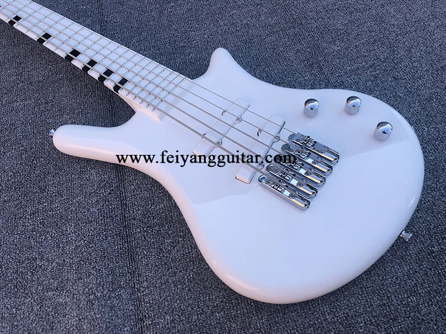 Electric Bass Guitar with 26 Frets,White color 5 String High Quality Electric Bass Guitar，can be customized,free shipping