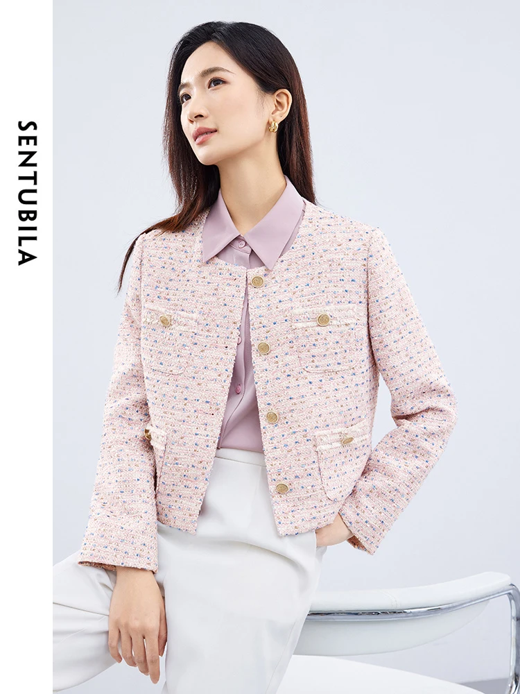 SENTUBILA Short Pink Tweed Jacket Women 2024 Autumn Fall Winter Fashion Crop Tweed Coat Woman Outerwear Female Clothes 141W53075