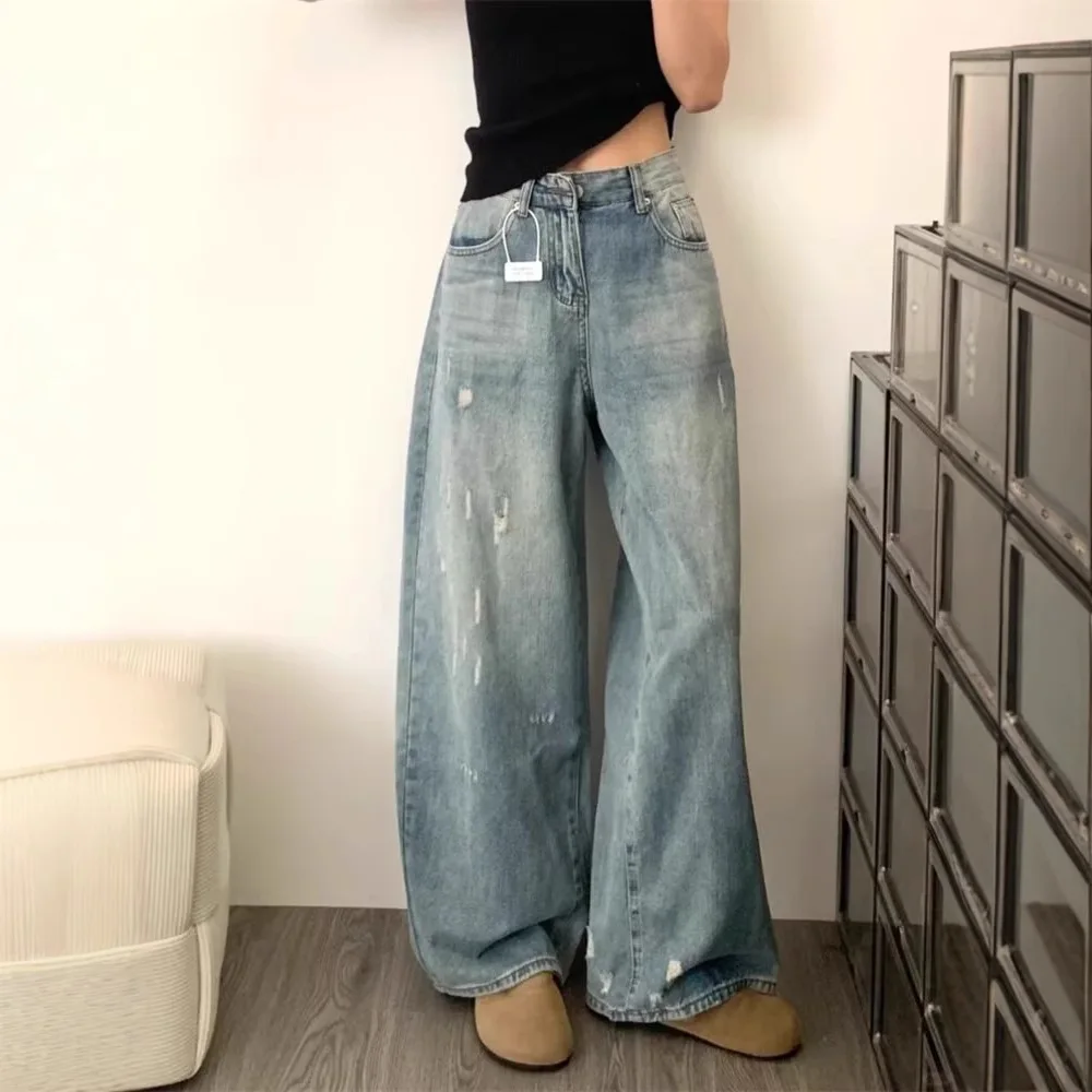 High-waisted Ripped Denim Wide-leg Pants for Women's Autumn Design Washed Floor-mopping Straight-leg Pants