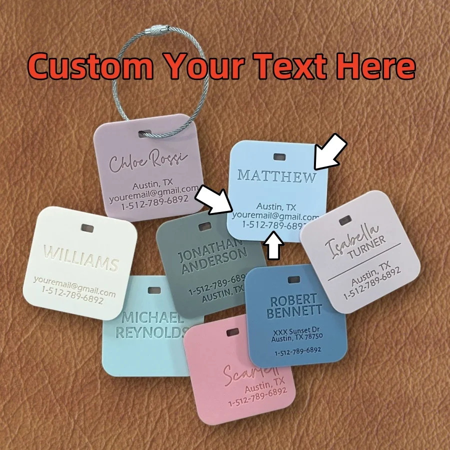 Personalized Custom Engraved Square Rounded Acrylic Luggage Tag Custom Name Address Text Travel Suitcase Identifier Backpack Bag