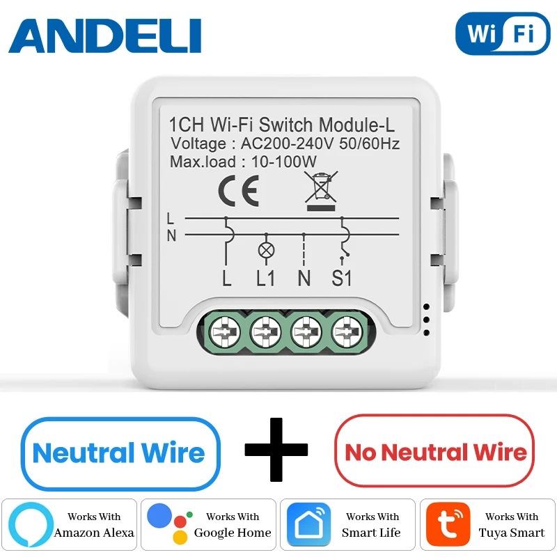 

Tuya DIY WiFi Smart Switch Module Need Neutral +No Neutral Wire Required 5A 2 Way App Remote Control Work with Alexa Google Home