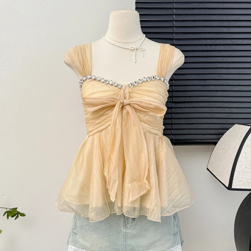

Heavy Du Rhinestone Strap Vest Summer Unique Knot Waist Cinch Special Beautiful Top Outerwear Women's Lace irt