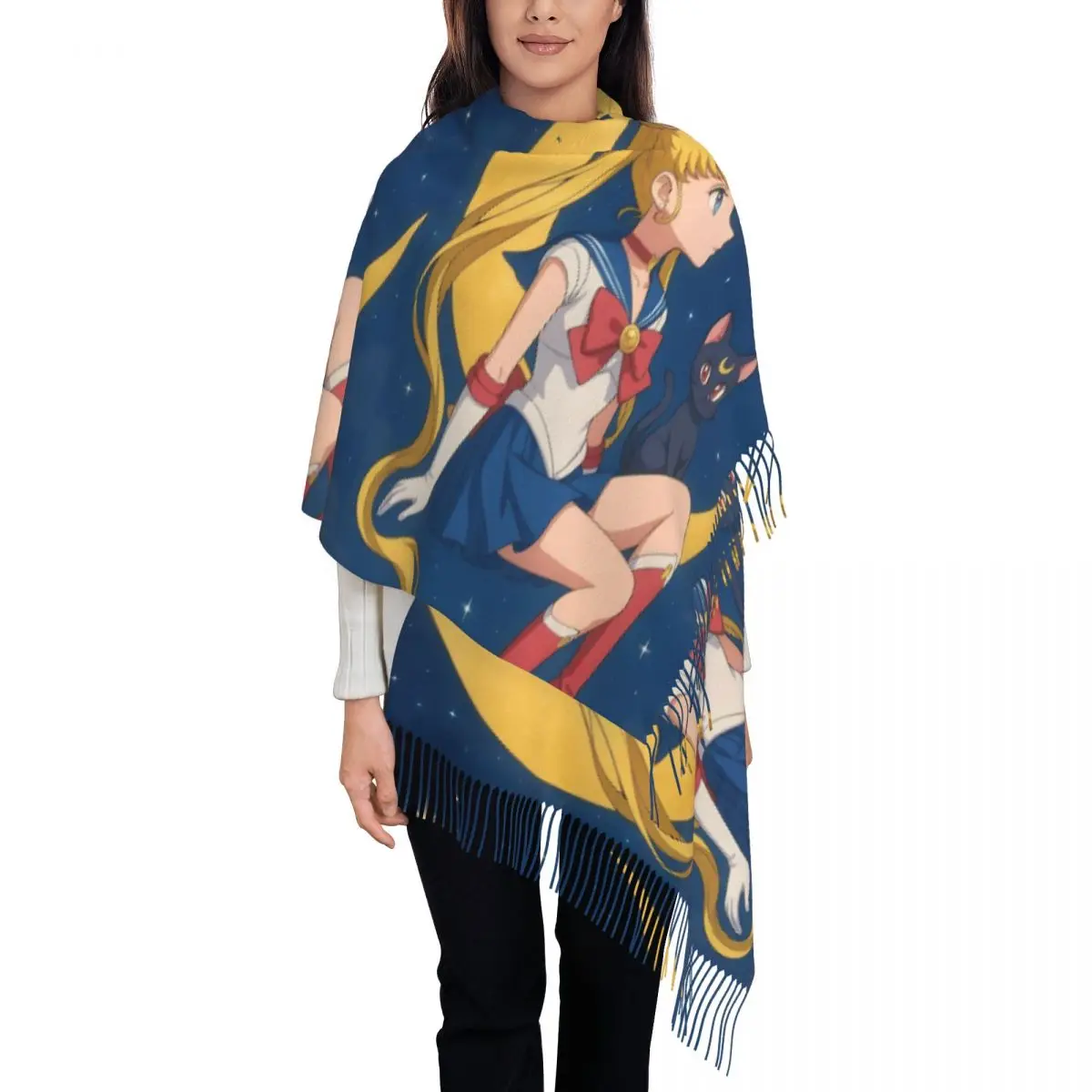 

Female Large Sailors Moons And Luna Scarves Women Winter Soft Warm Tassel Shawl Wrap Comic Starry Sky Scarf