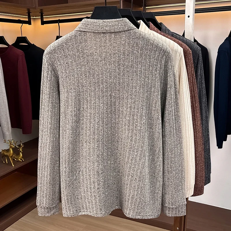 Men Polo Collar V‑Neck Knit Sweater Vertical Ribbed Texture Long Sleeve Soft Stretch Slim Fit Winter Casual Business Mens Tops view 5