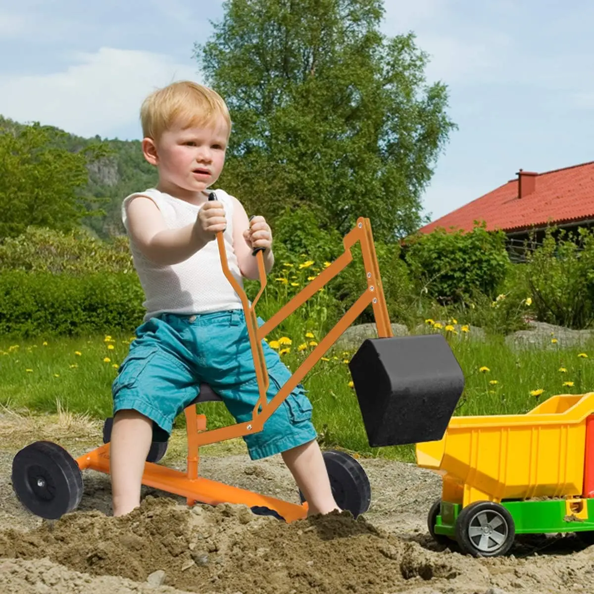 Sandbox Digger com assento e alça para crianças, Metal sentar na areia, brinquedo para quintal, 4 WD