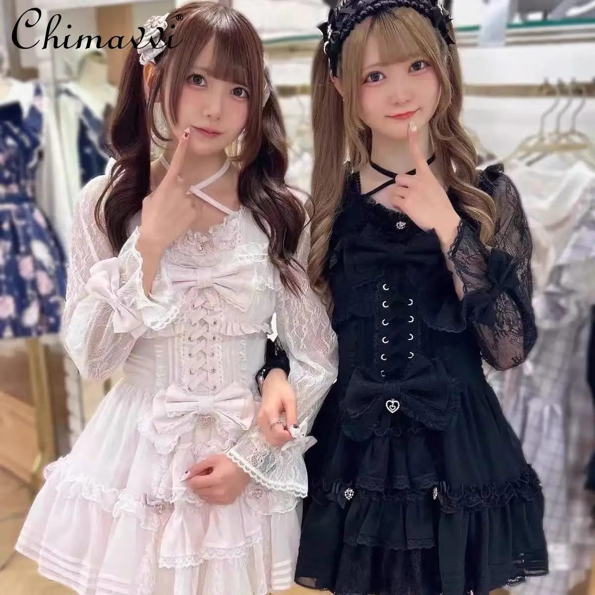 

Japanese Style Mass-Produced Sweet Cute Bow Lace Patchwork Lolita Dress Fairy Long Sleeve Elegant Princess Liz Dresses Women