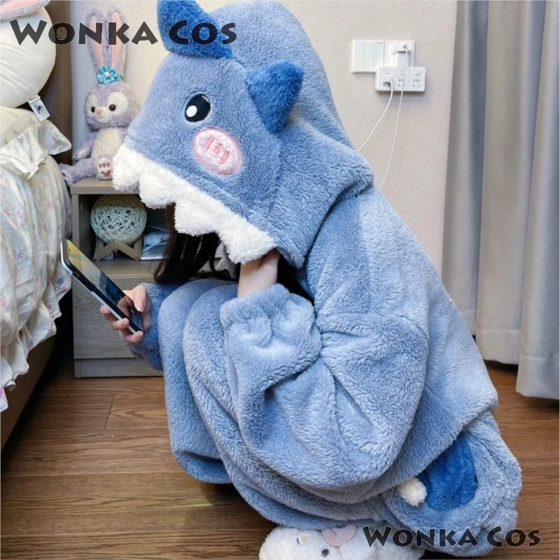 Cartoon Cute Shark Women\'s Hooded Gawr Sleepwear Kigurumi Unicorn Winter Gura Cosplay Pijama Jumpsuit Christmas Party Loungewear