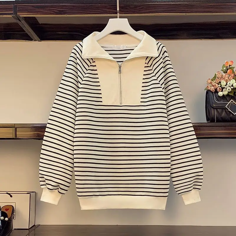 2023 New Spring and Autumn Lazy Style Half Zip Polo Neck Stripe Print Long Sleeve Colorblock Loose Versatile Oversized Sweater