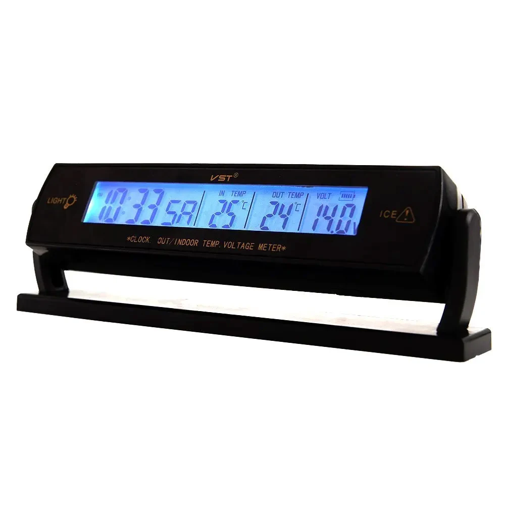 Car Clock Calendar Inside Outside Thermometer Voltage Meter LCD Screen Voltmeter Blue Backlight 12/24 Hours Display