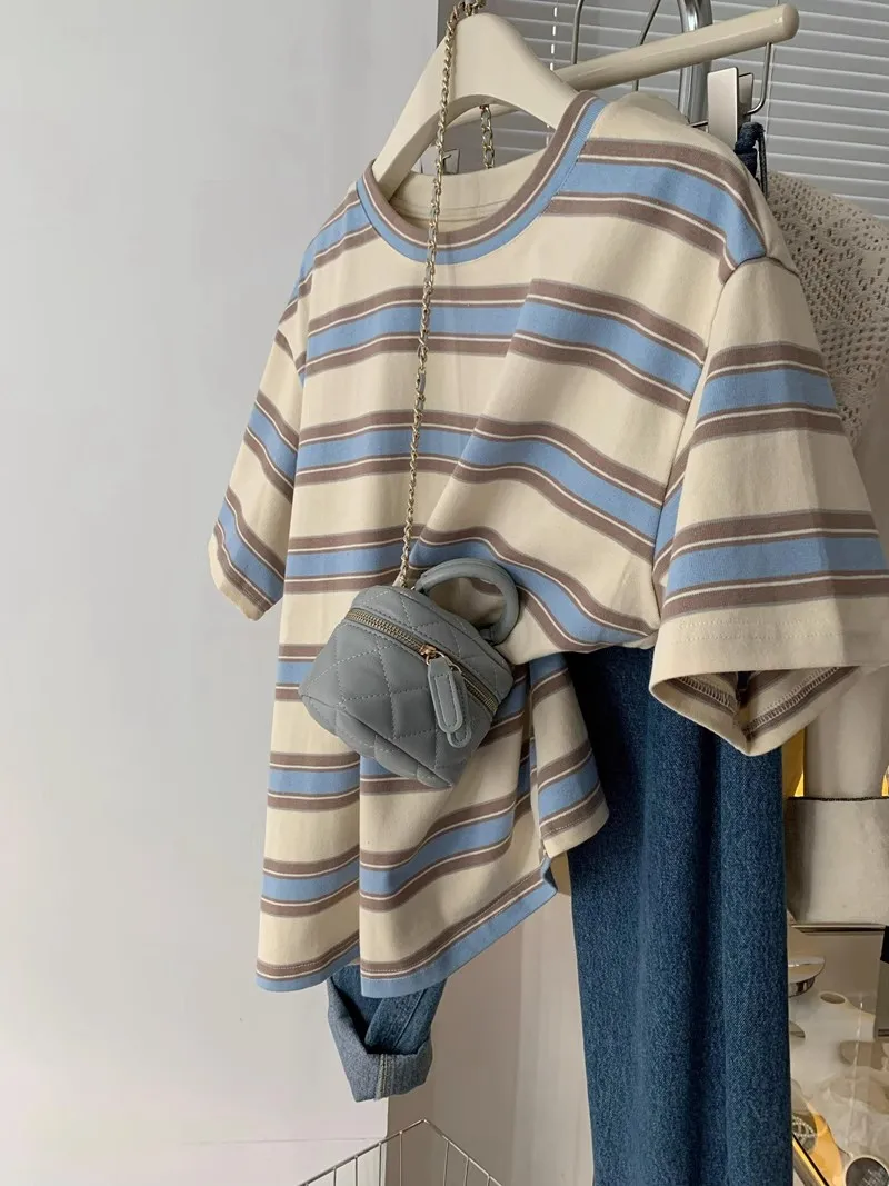 

Ретро японская художественная круглая футболка в полоску ort Sve женская летняя свободная утягивающая повседневная универсальная футболка для похудения