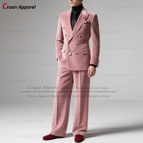Pink Velvet Suit For Men Wedding Prom Groomsman Fashion Double Breasted Blazer Pants 2 Pieces Tailor-made Slim Fit Male Tuxedos