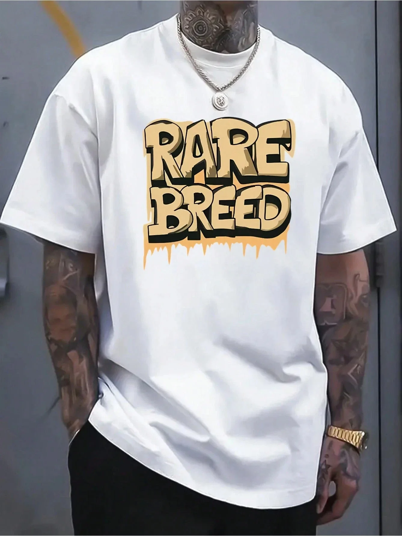 

Rare Breed Black White Tshirt Drip Effect Text Print with Silver Chain Accessory Unisex Cotton Streetwear Casual Outfit