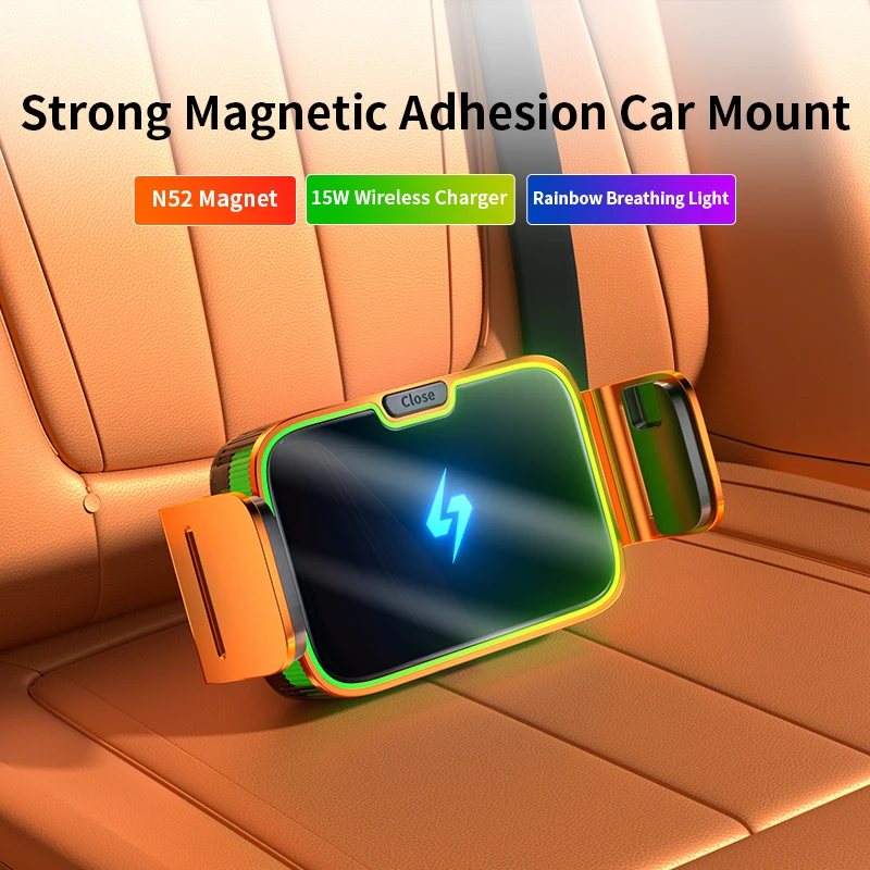 15W Mini Magnetic Wireless Car Charger – RGB Breathing Light, N52 Strong Suction, Auto Clamp, 360° Rot for iPhone & Android
