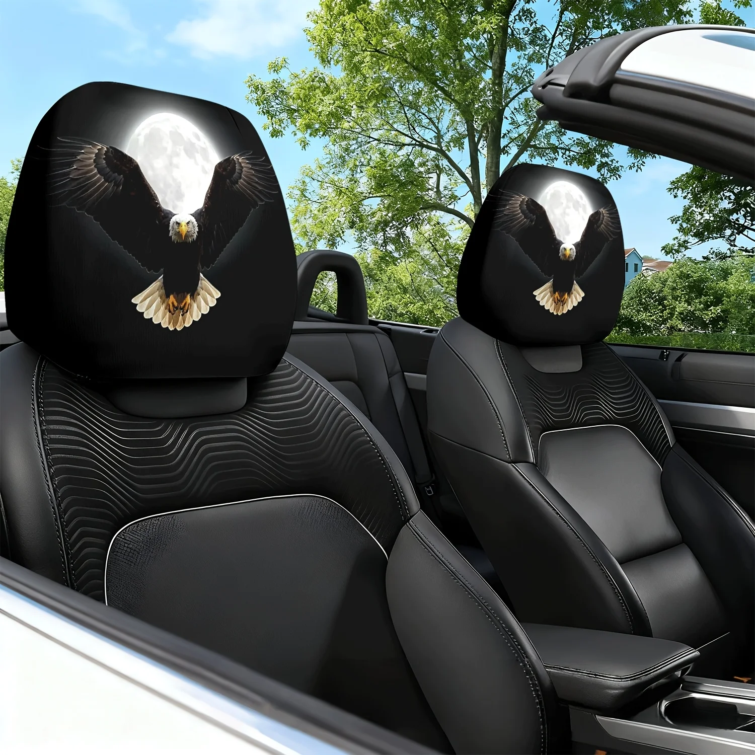 2pcs Car Headrest Covers Eagle Soaring in The Moonlit Night Flying Theme Printed Auto Seat Headrest Pillow Neck Pillow Protect