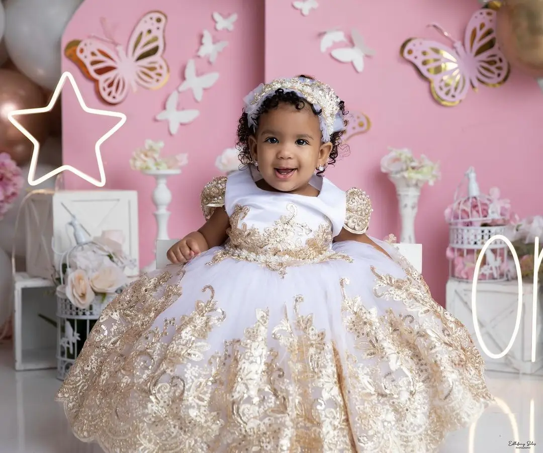 Ball Gown Flower Girl Dresses Photo Shoot Pearls Kid Birthday Party Gowns with Gold Appliqued Children Wedding Guest Dresses