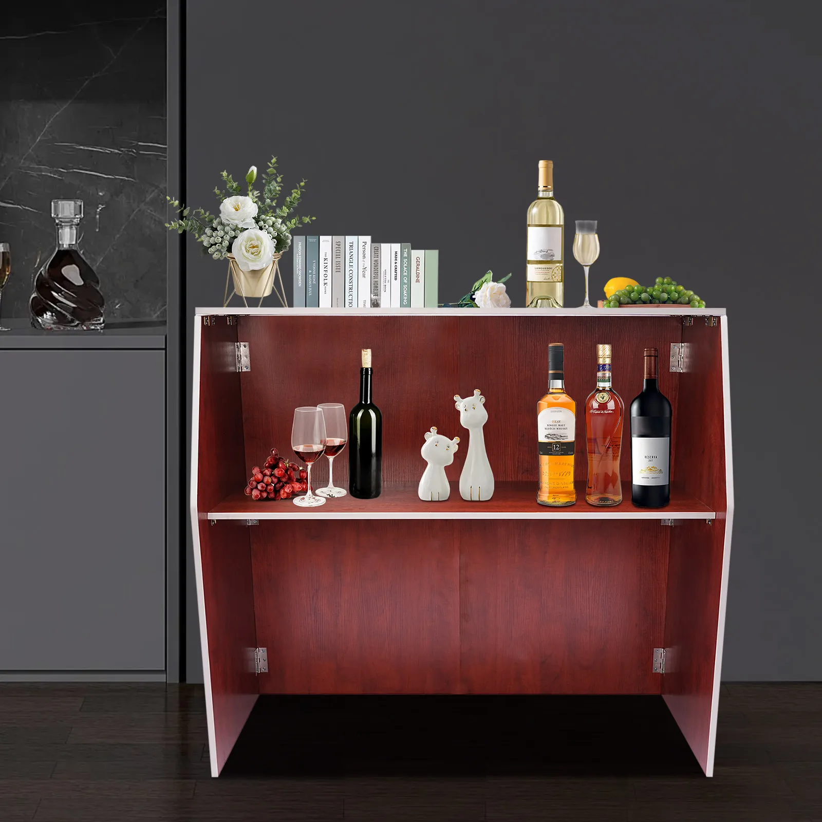 

Portable Bar Cabinet – 19.5" x 47.75" x 42.75", Brown with Aluminum Trim