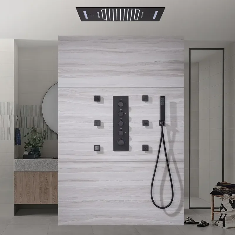 Black Thermostatic Faucets LED Rain Waterfall Shower Head Full Body Brass Mixer Shower System view 2