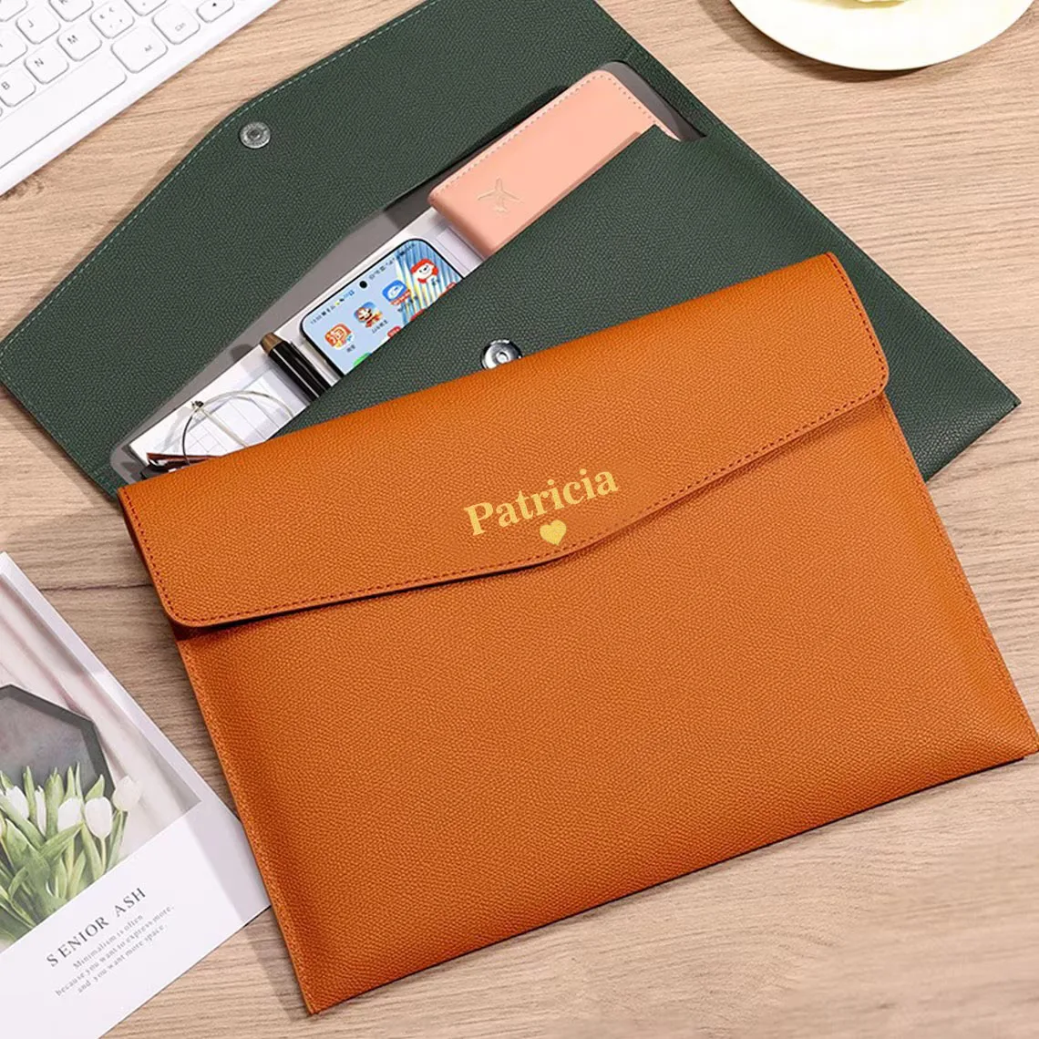 Personalised PU Leather A4 Document Bag, Multi-Color Business Office Briefcase Storage Pouch, Stylish Organizer