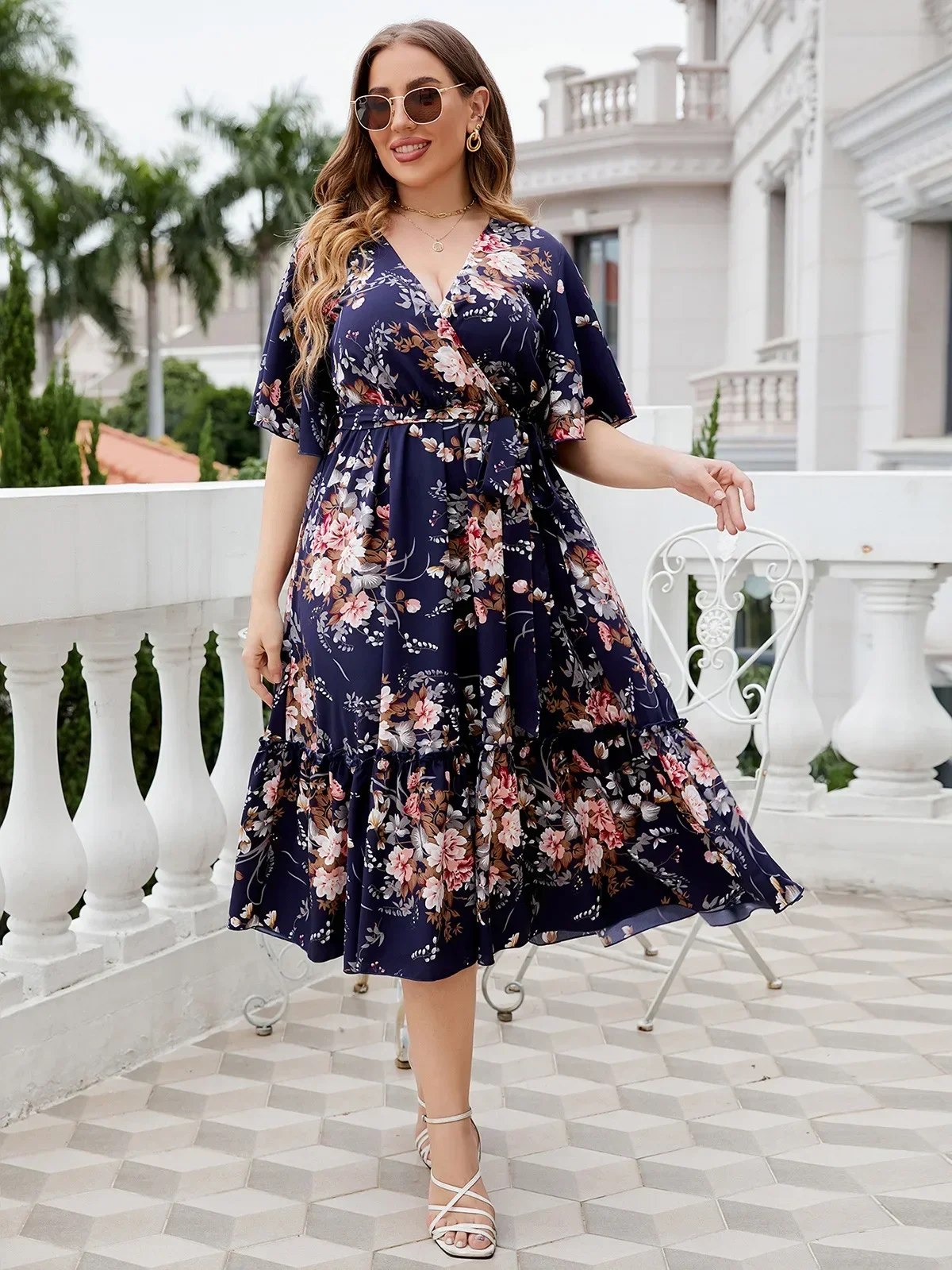 Plus Size Womens Deep V Neck Ruffle Sleeve Dress Wrap Belt Blue Robe Summer Casual Cocktail Party Work Swing A-line Sundress