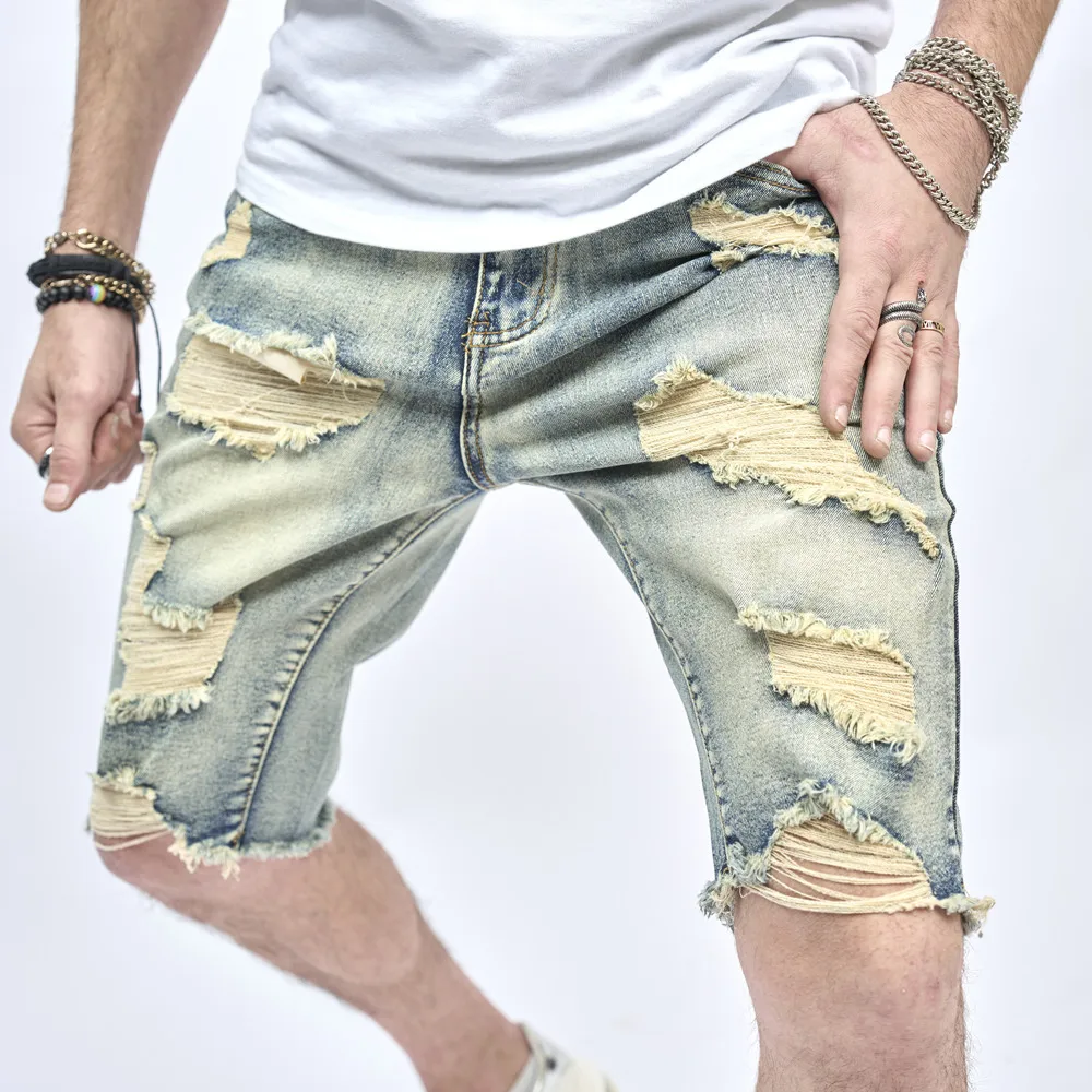 Summer Retro Style Ripped Men Slim Denim Shorts Stylish Cotton Men Street Holes Casual Beach Straight Shorts