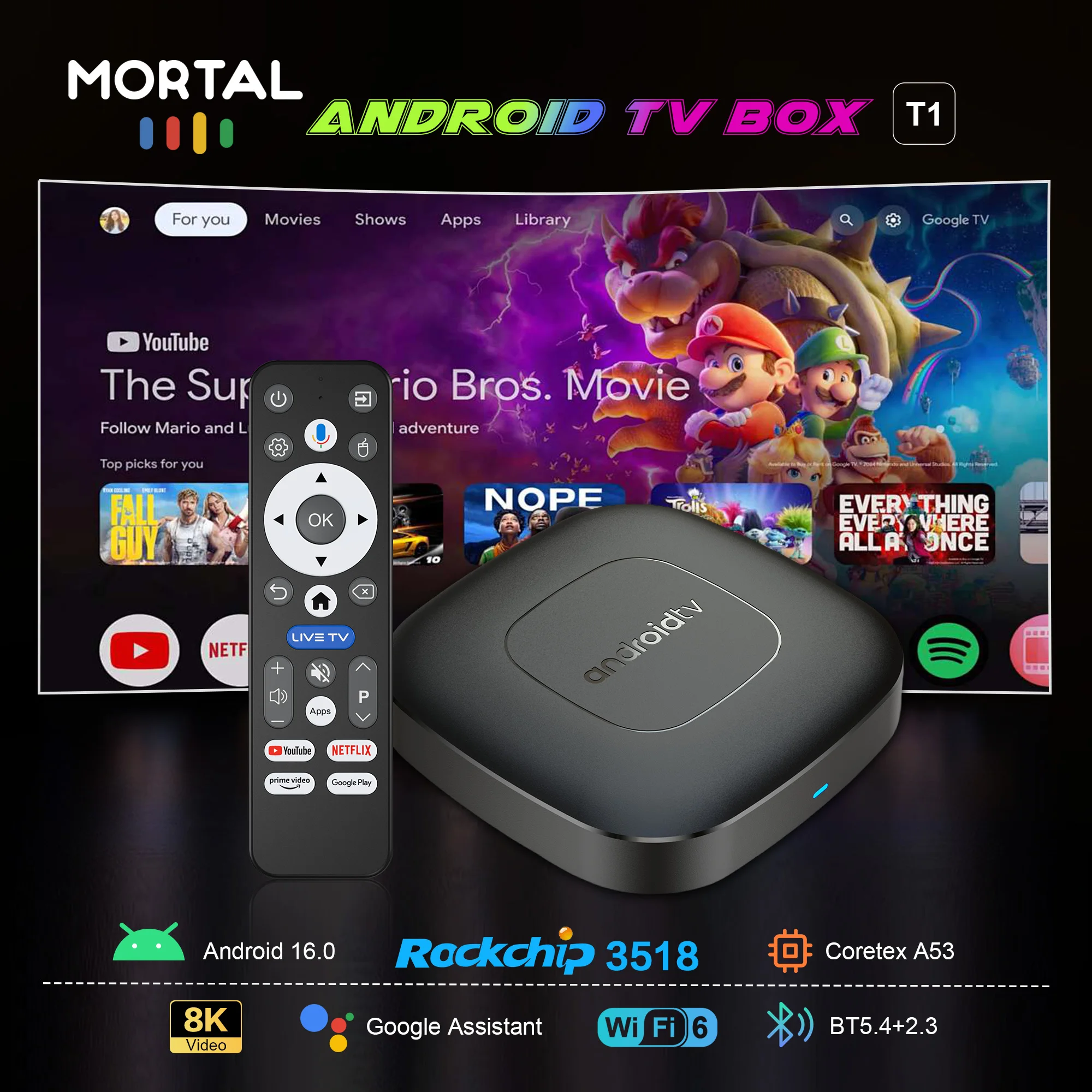 جهاز تلفزيون ذكي من نوع Rockchip RK3518، بذاكرة 8 جيجابايت وسعة تخزين 128 جيجابايت، يعمل بنظام Android 16.0، مزود بواجهة مستخدم مزدوجة تدعم Google وYouTube وWiFi 6 وBluetooth 5.4، ويدعم دقة 8K HDR.
